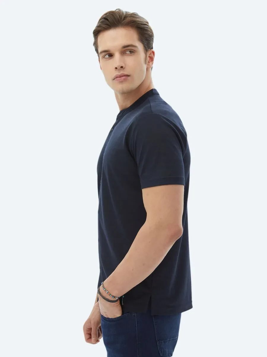 Navy Blue Plain Regular Fit Knitting Casual Shirt - 4