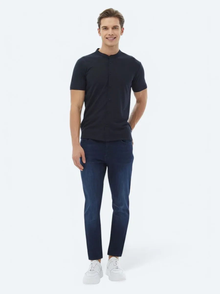 Navy Blue Plain Regular Fit Knitting Casual Shirt - 5