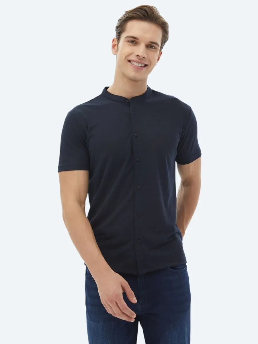 Navy Blue Plain Regular Fit Knitting Casual Shirt - 6
