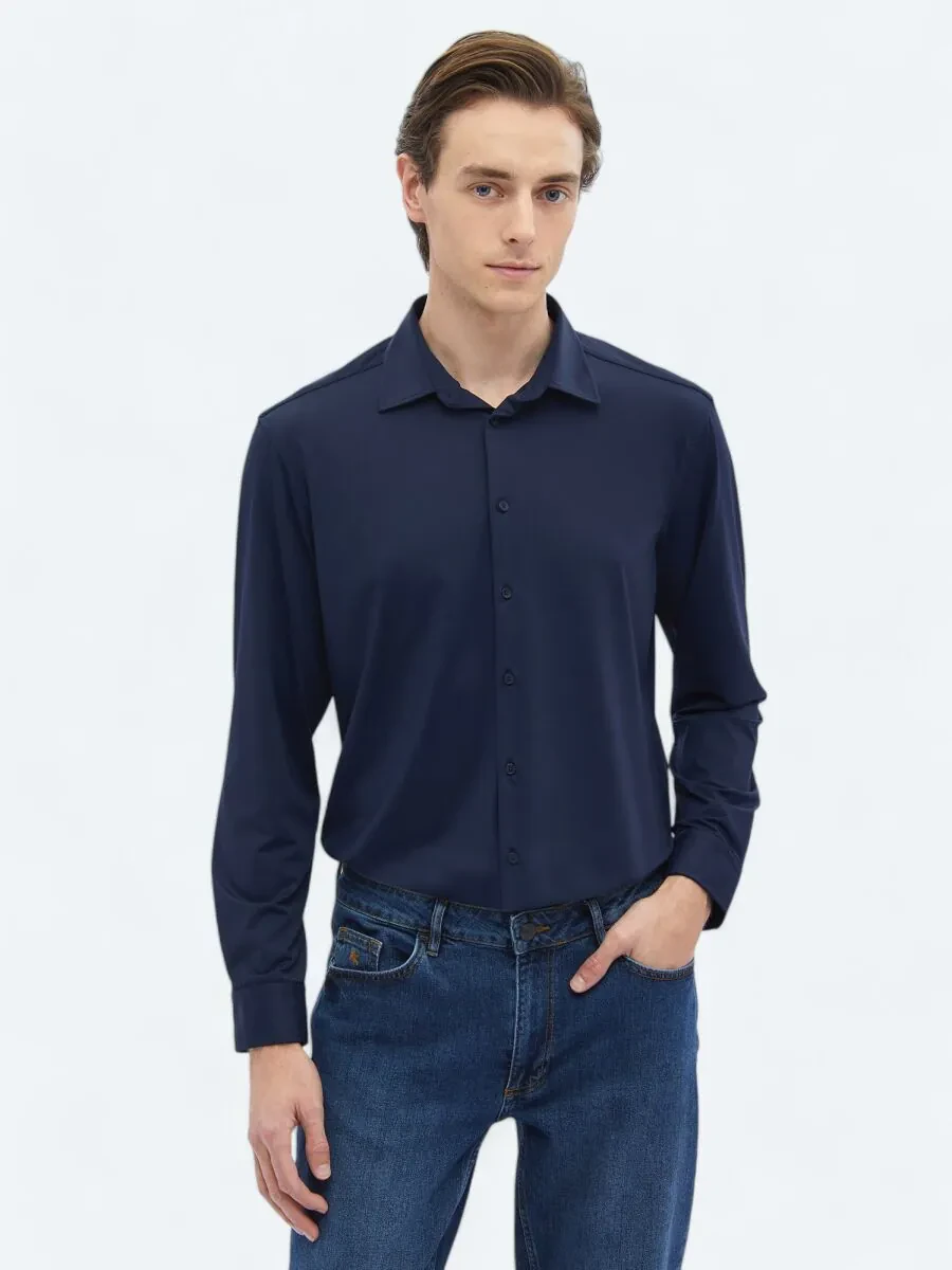 Navy Blue Plain Regular Fit Knitting Casual Shirt - 1