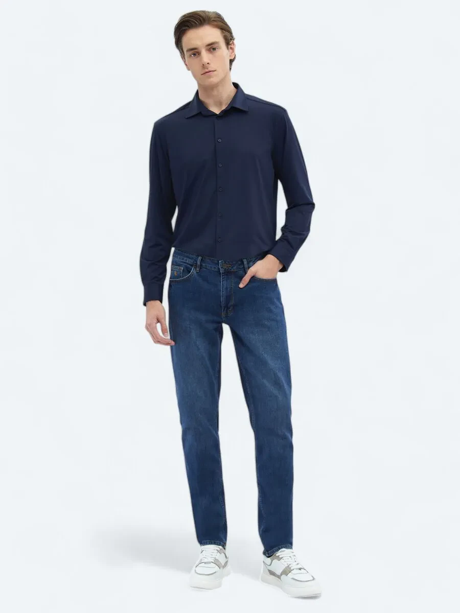 Navy Blue Plain Regular Fit Knitting Casual Shirt - 2