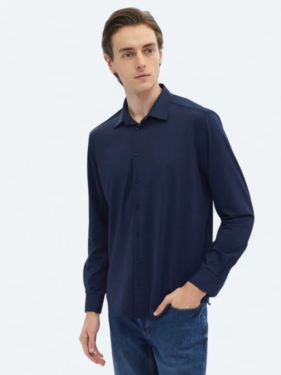 Navy Blue Plain Regular Fit Knitting Casual Shirt - 3