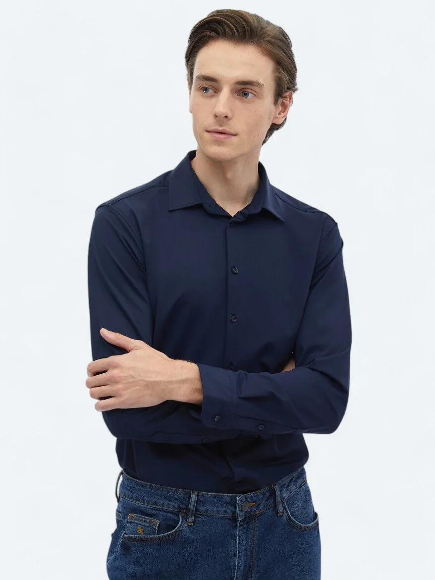 Navy Blue Plain Regular Fit Knitting Casual Shirt 