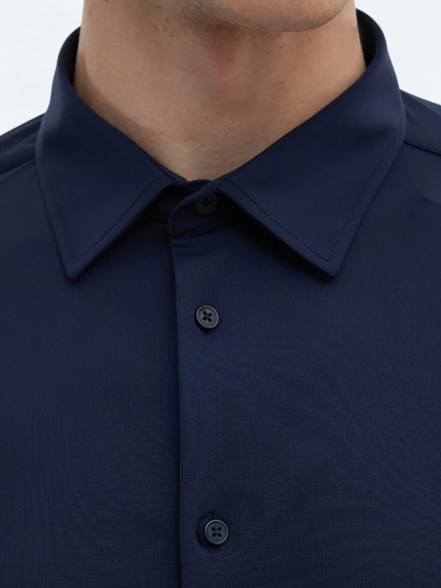 Navy Blue Plain Regular Fit Knitting Casual Shirt - 5