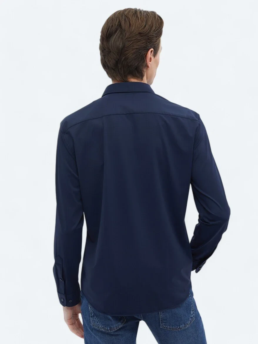Navy Blue Plain Regular Fit Knitting Casual Shirt - 6