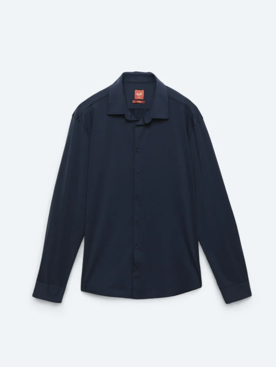 Navy Blue Plain Regular Fit Knitting Casual Shirt - 7