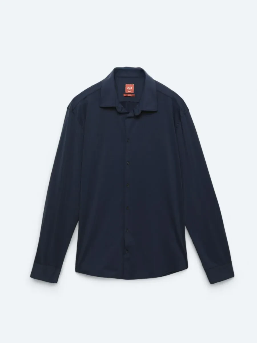 Navy Blue Plain Regular Fit Knitting Casual Shirt - 7