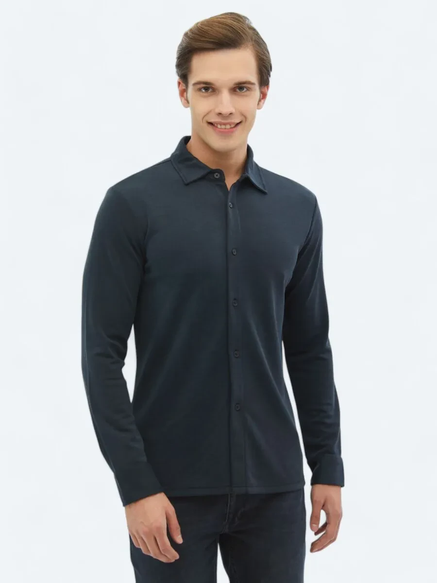Navy Blue Plain Regular Fit Knitting Casual Shirt - 1