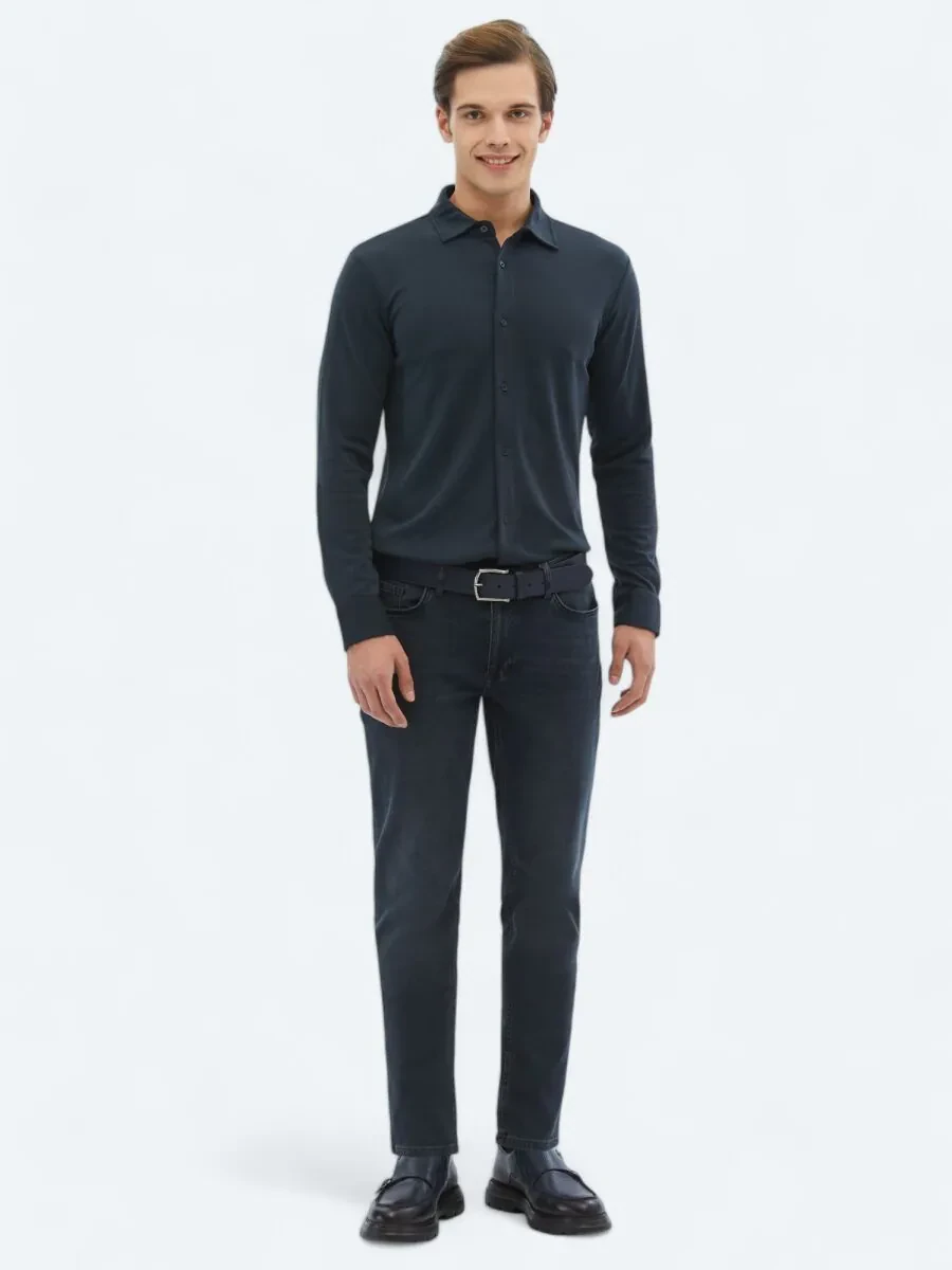 Navy Blue Plain Regular Fit Knitting Casual Shirt - 2