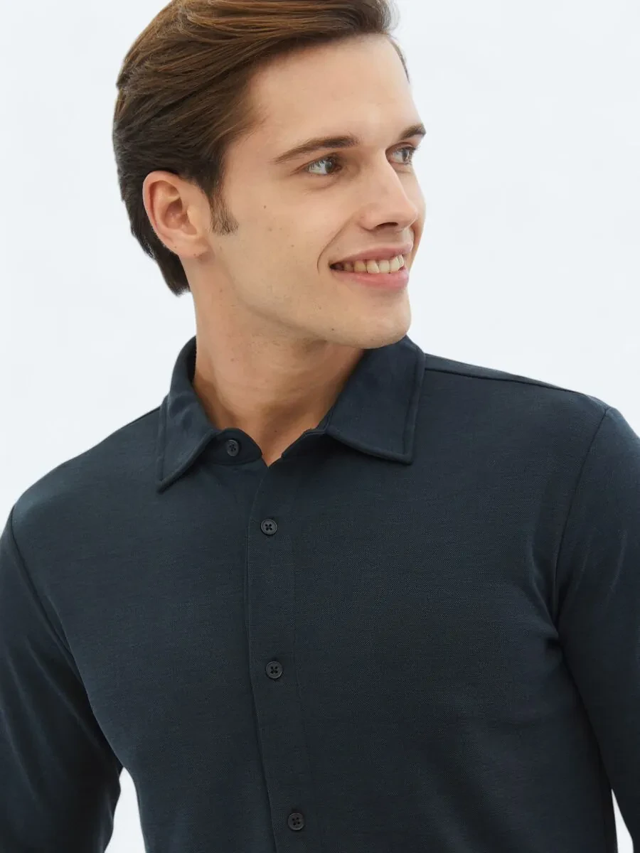 Navy Blue Plain Regular Fit Knitting Casual Shirt - 3