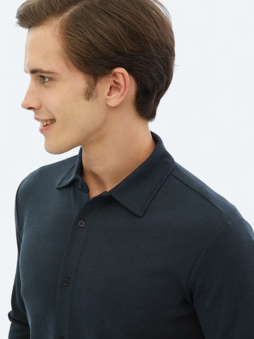 Navy Blue Plain Regular Fit Knitting Casual Shirt 