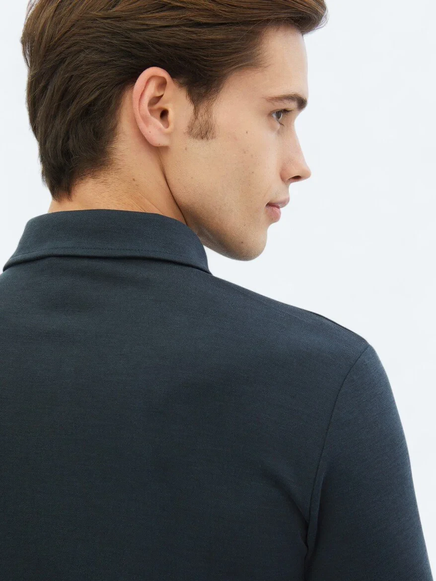Navy Blue Plain Regular Fit Knitting Casual Shirt - 5