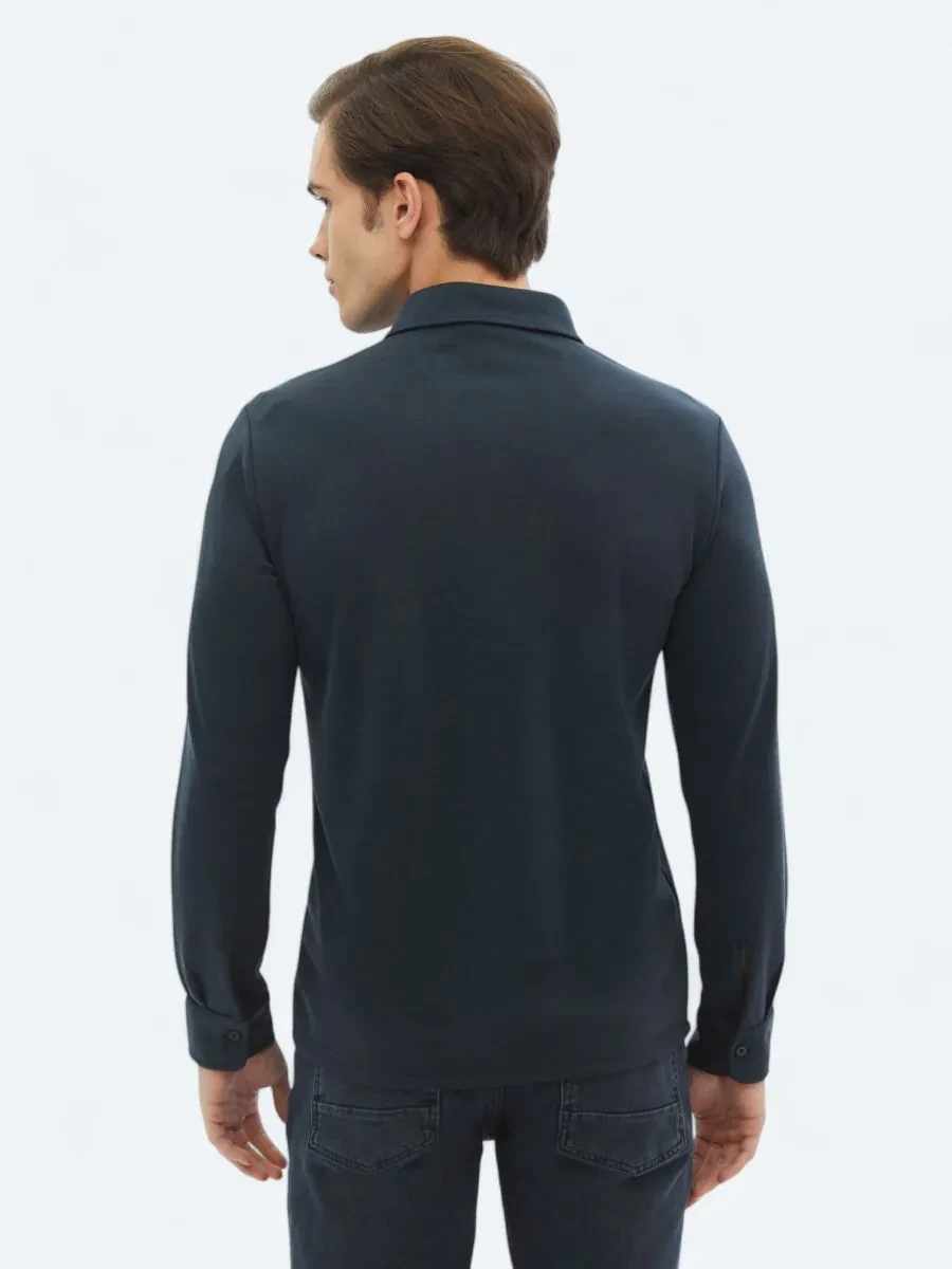 Navy Blue Plain Regular Fit Knitting Casual Shirt - 6