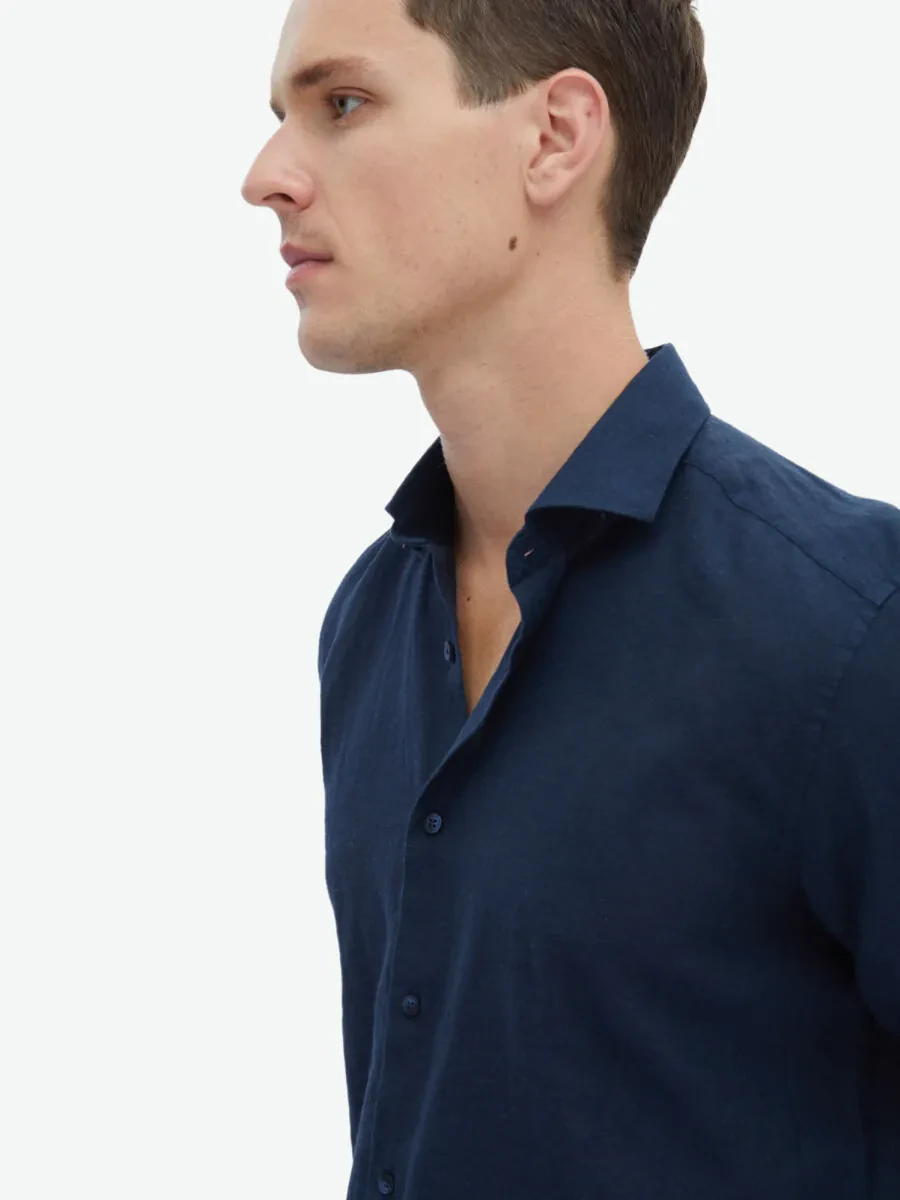 Navy Blue Plain Regular Fit Weaving Casual Cotton Blended Shirt - 1