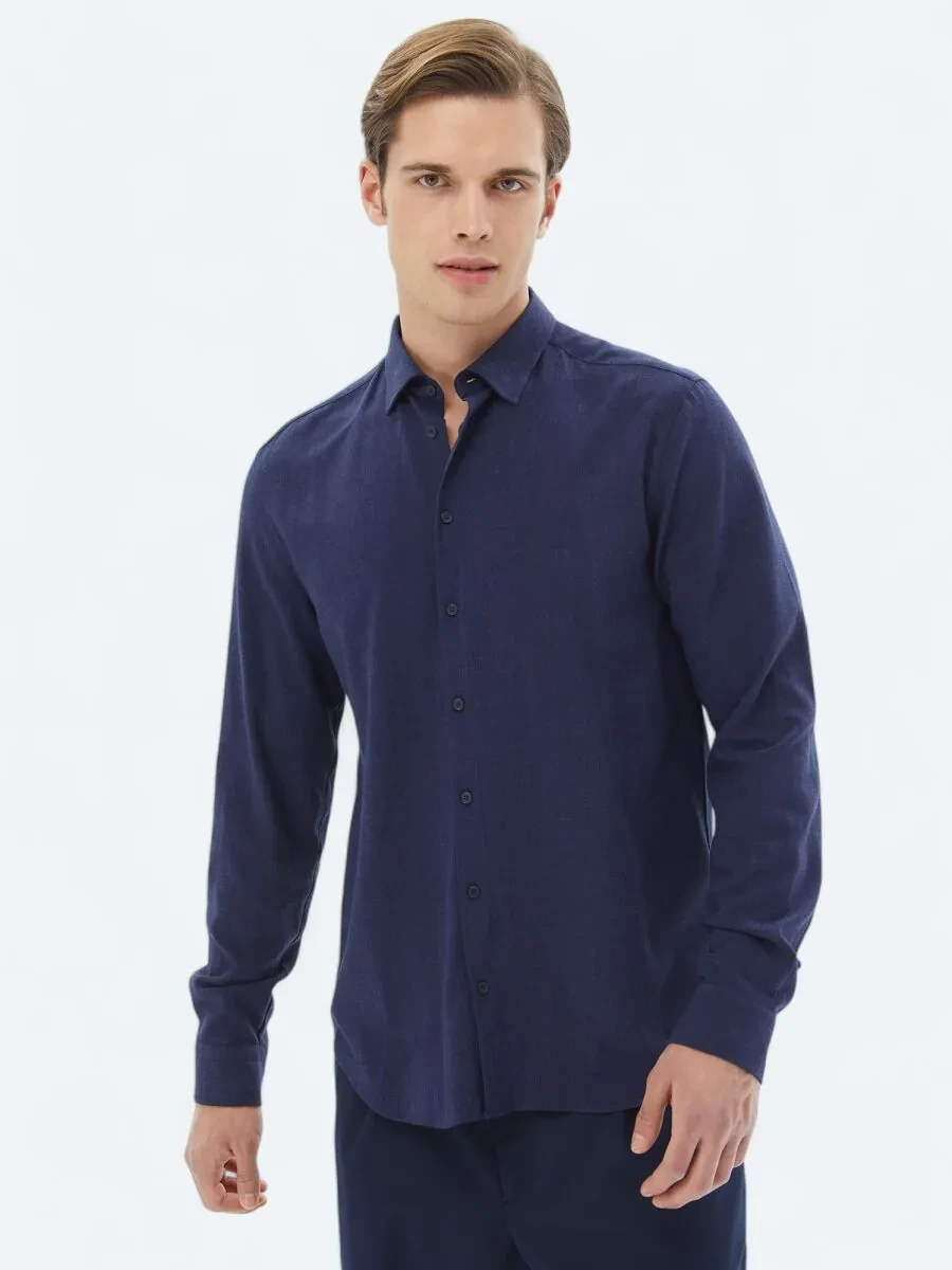 Navy Blue Plain Regular Fit Weaving Casual Shirt - 1