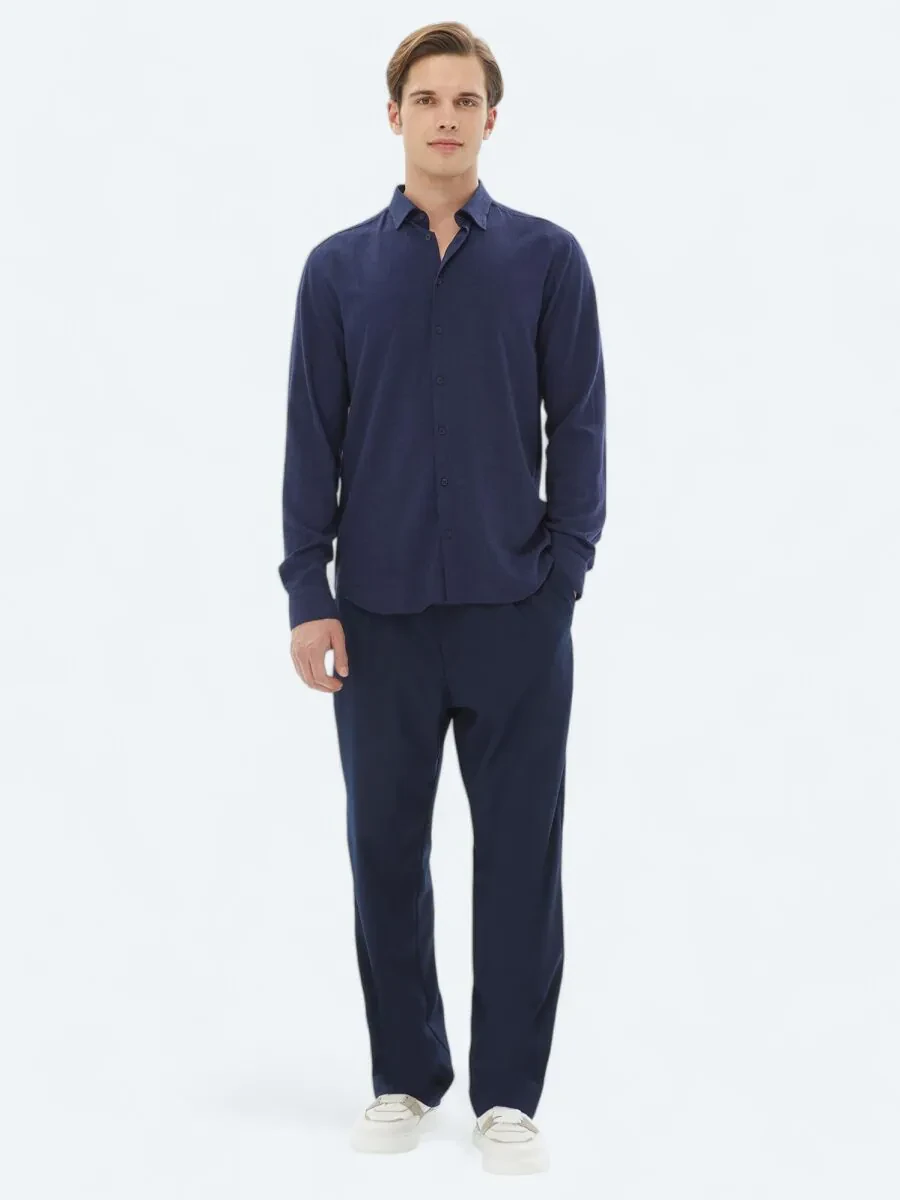 Navy Blue Plain Regular Fit Weaving Casual Shirt - 2