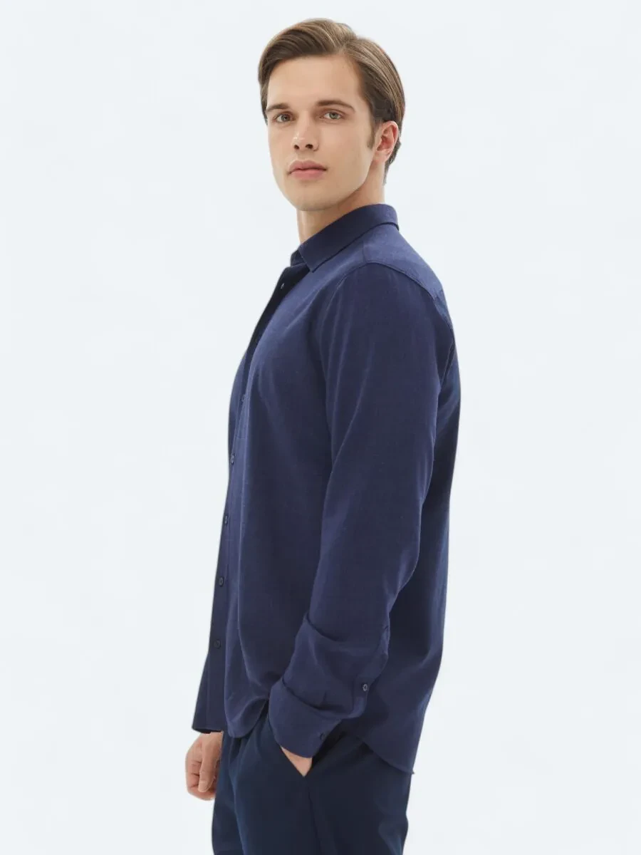 Navy Blue Plain Regular Fit Weaving Casual Shirt - 4