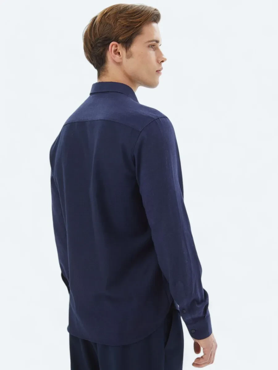 Navy Blue Plain Regular Fit Weaving Casual Shirt - 5