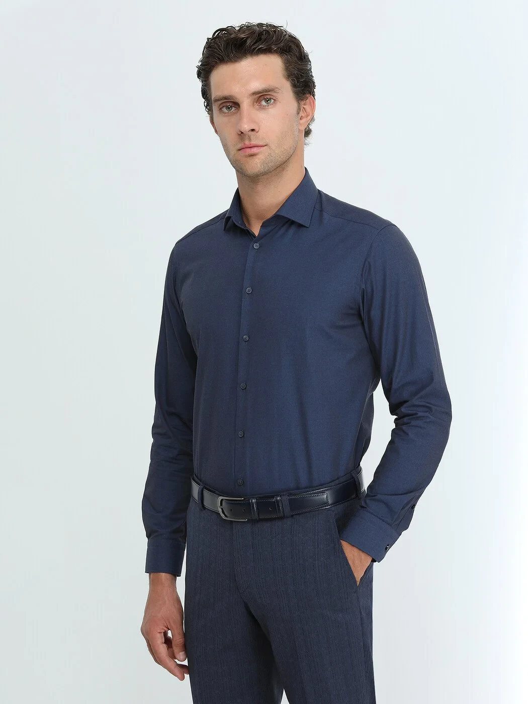 Navy Blue Plain Regular Fit Weaving Classical Cotton Blended Shirt - 1