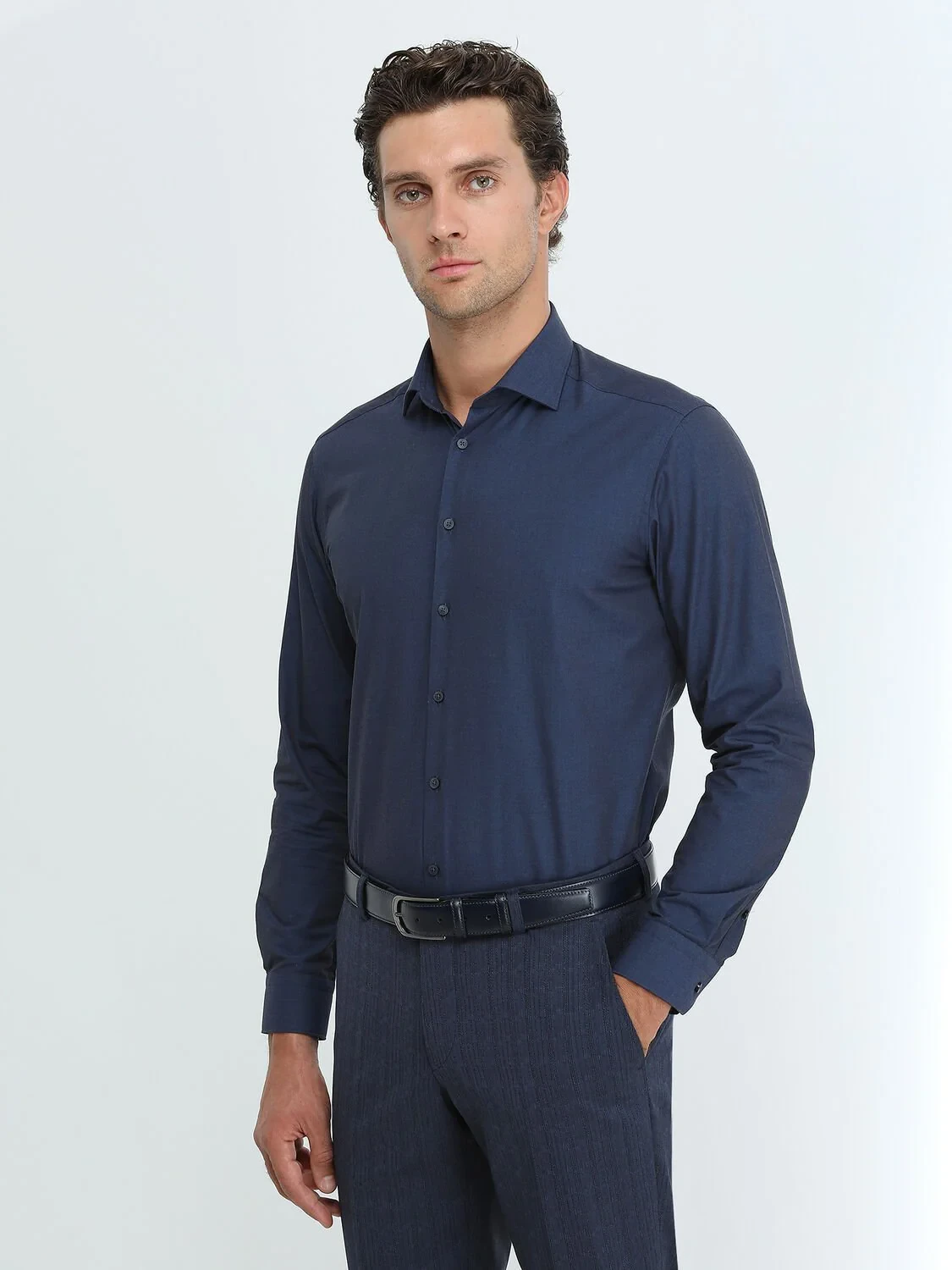 Navy Blue Plain Regular Fit Weaving Classical Cotton Blended Shirt - 1