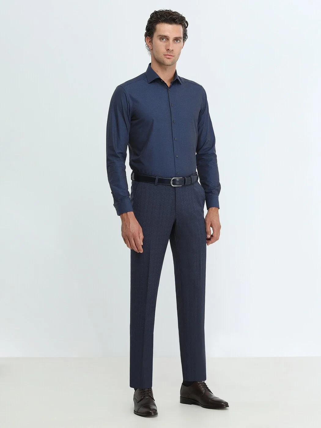 Navy Blue Plain Regular Fit Weaving Classical Cotton Blended Shirt - 2