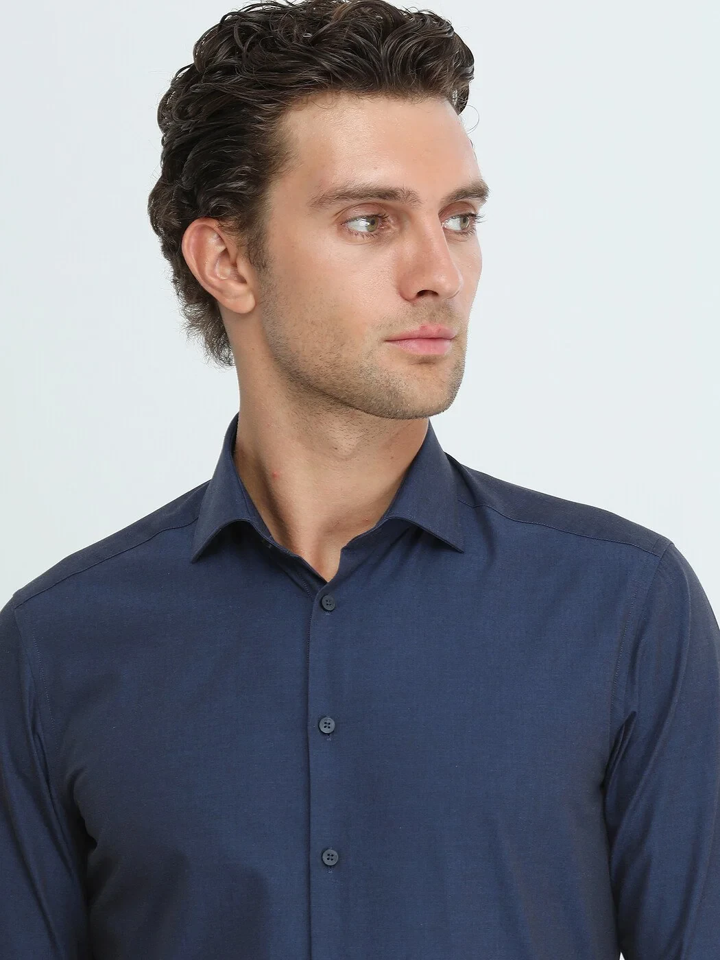 Navy Blue Plain Regular Fit Weaving Classical Cotton Blended Shirt - 3