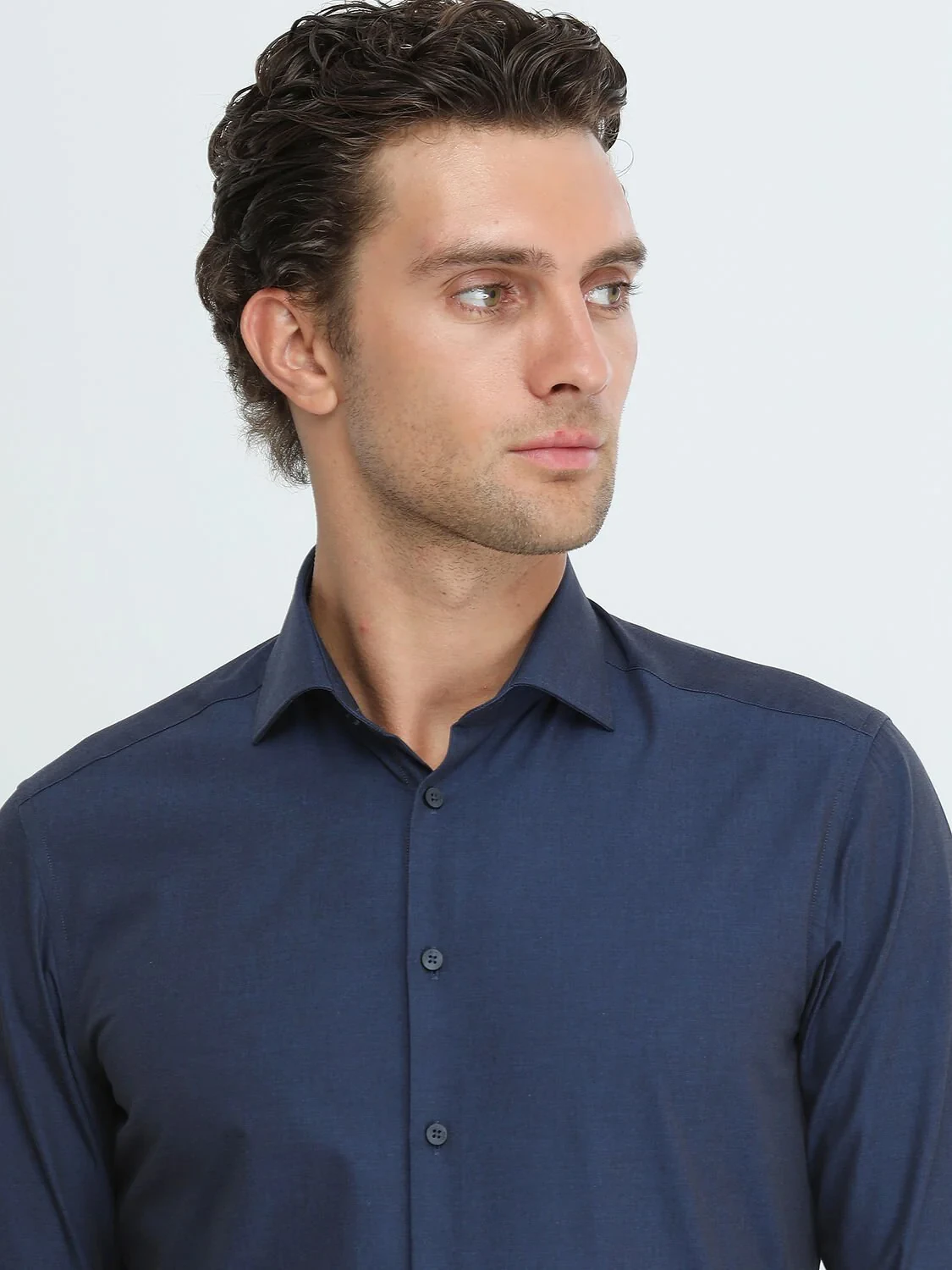Navy Blue Plain Regular Fit Weaving Classical Cotton Blended Shirt - 3