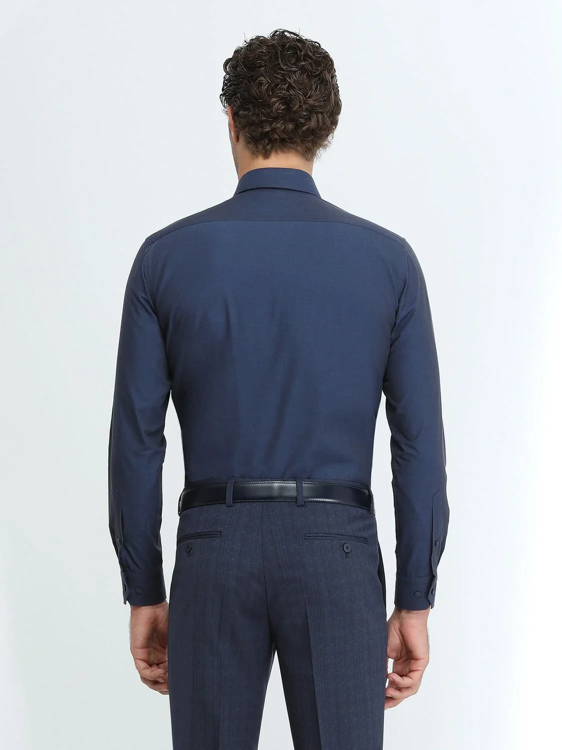 Navy Blue Plain Regular Fit Weaving Classical Cotton Blended Shirt - 4
