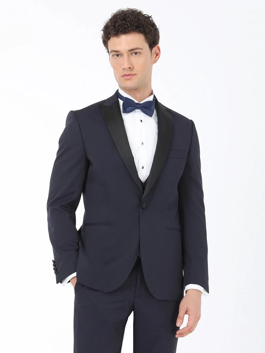 Navy Blue Plain Slim Fit Detachable Collar Weaving Tuxedo With West - 1