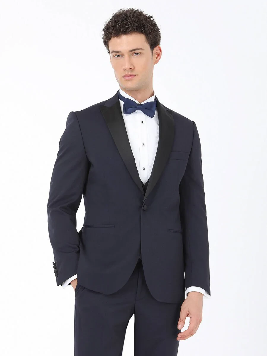 Navy Blue Plain Slim Fit Detachable Collar Weaving Tuxedo With West - 1