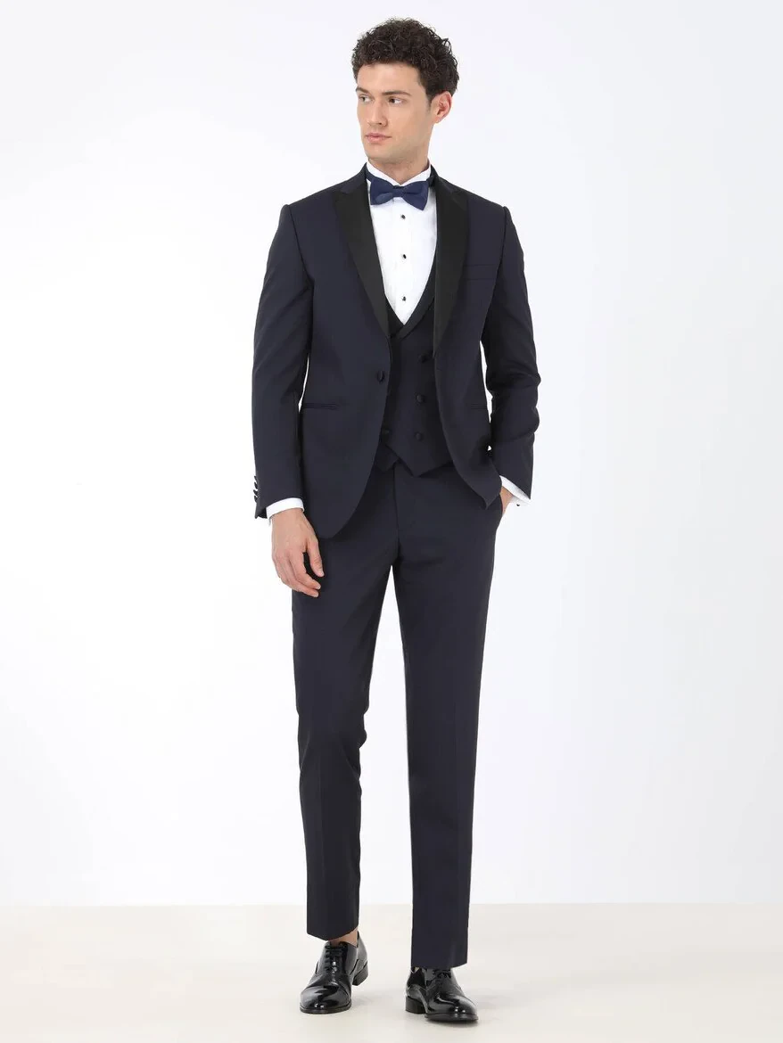 Navy Blue Plain Slim Fit Detachable Collar Weaving Tuxedo With West - 2