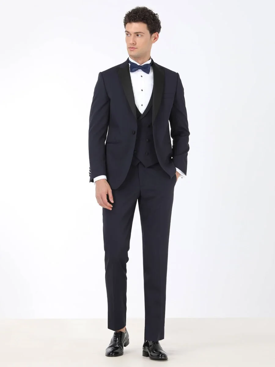 Navy Blue Plain Slim Fit Detachable Collar Weaving Tuxedo With West - 2