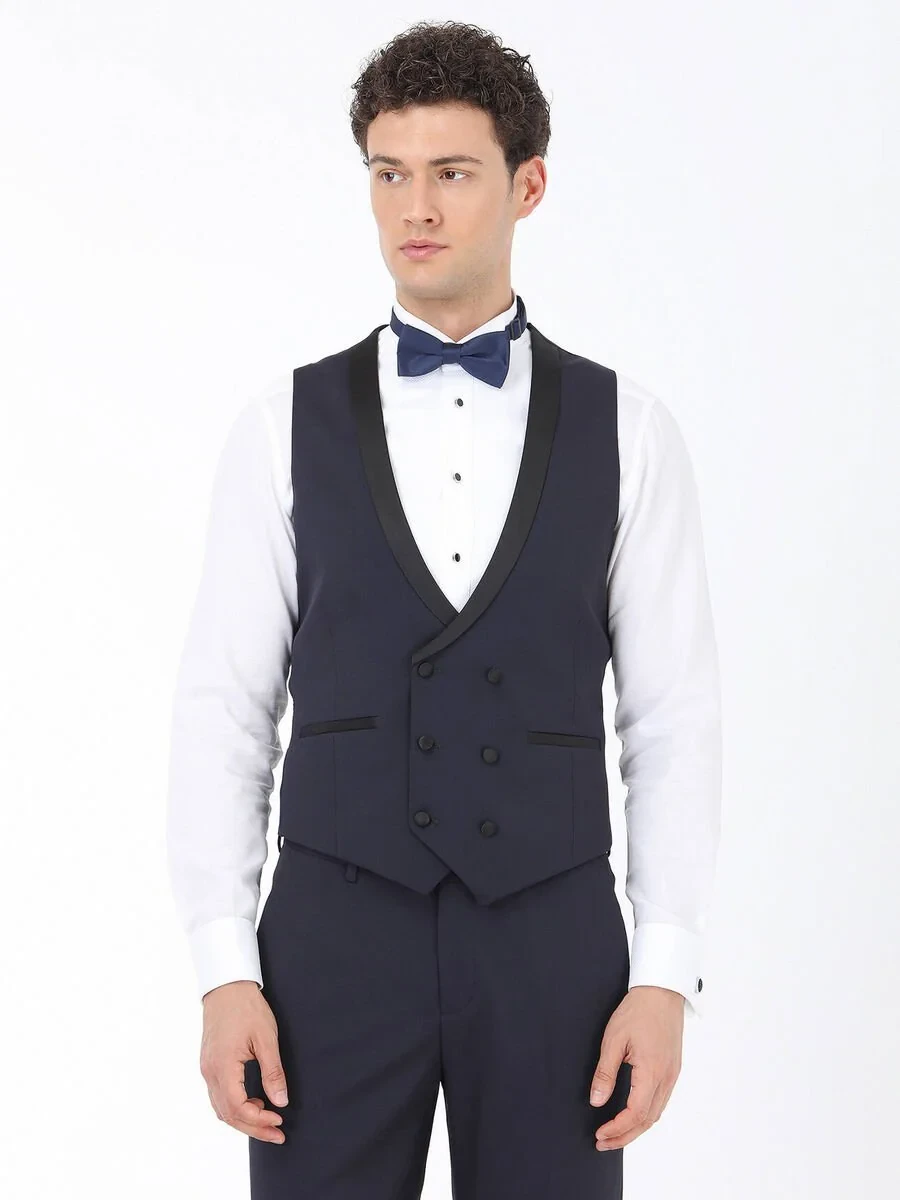 Navy Blue Plain Slim Fit Detachable Collar Weaving Tuxedo With West - 3
