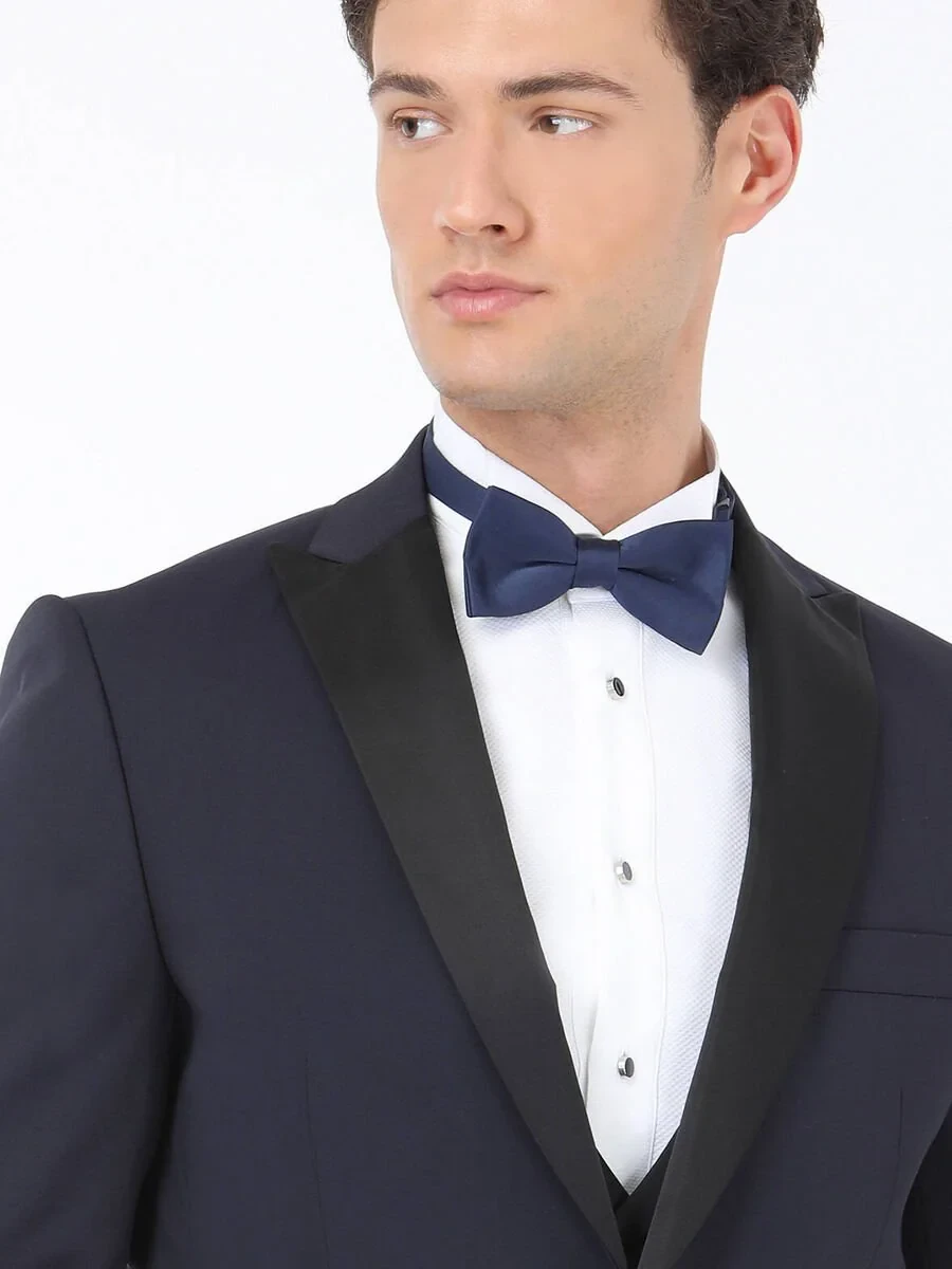 Navy Blue Plain Slim Fit Detachable Collar Weaving Tuxedo With West - 4