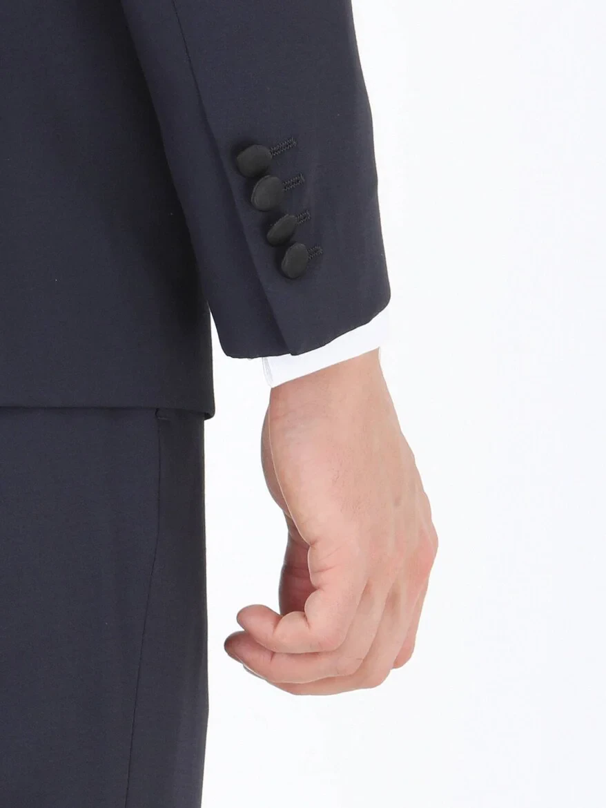 Navy Blue Plain Slim Fit Detachable Collar Weaving Tuxedo With West - 5