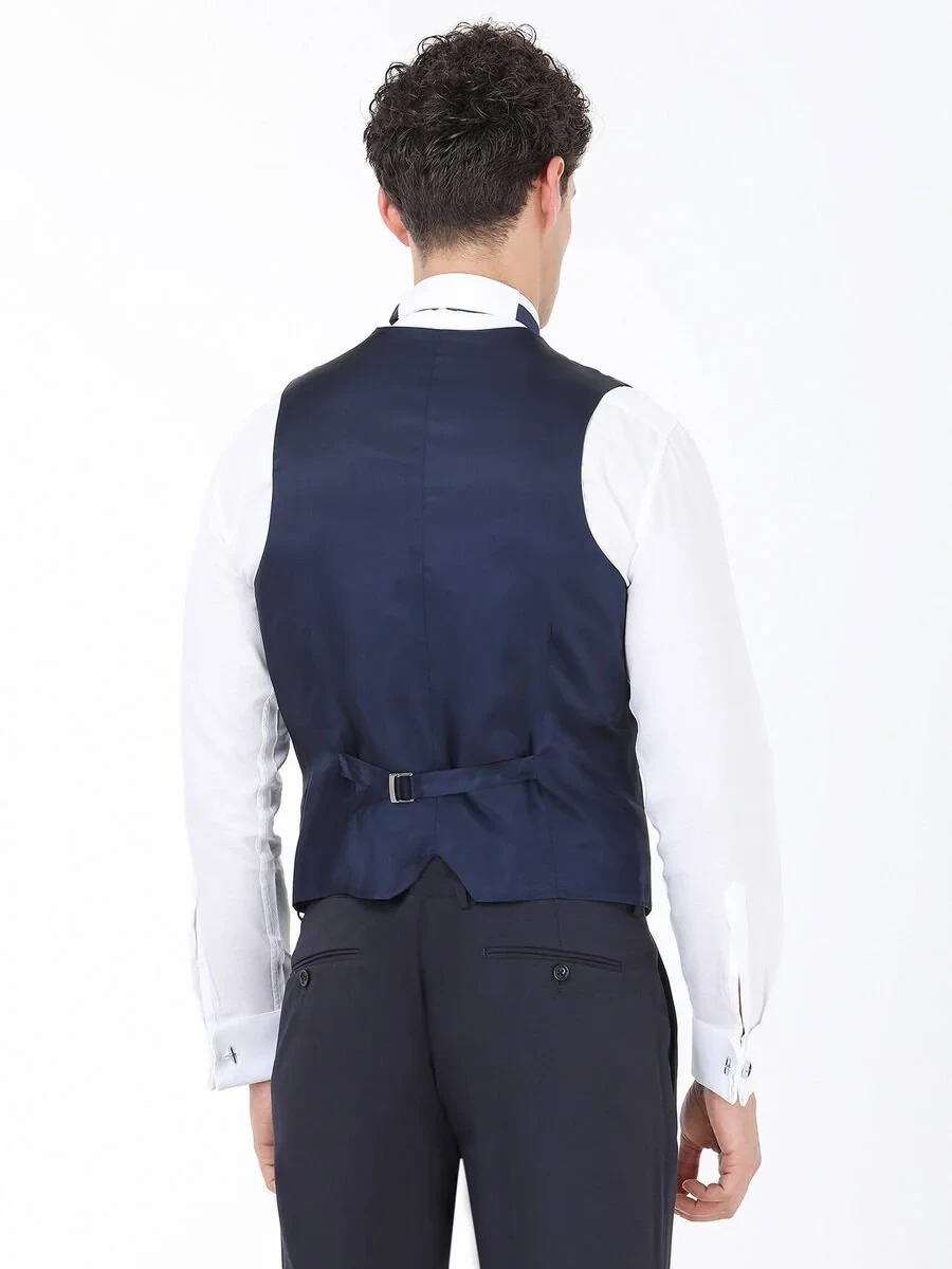Navy Blue Plain Slim Fit Detachable Collar Weaving Tuxedo With West - 6