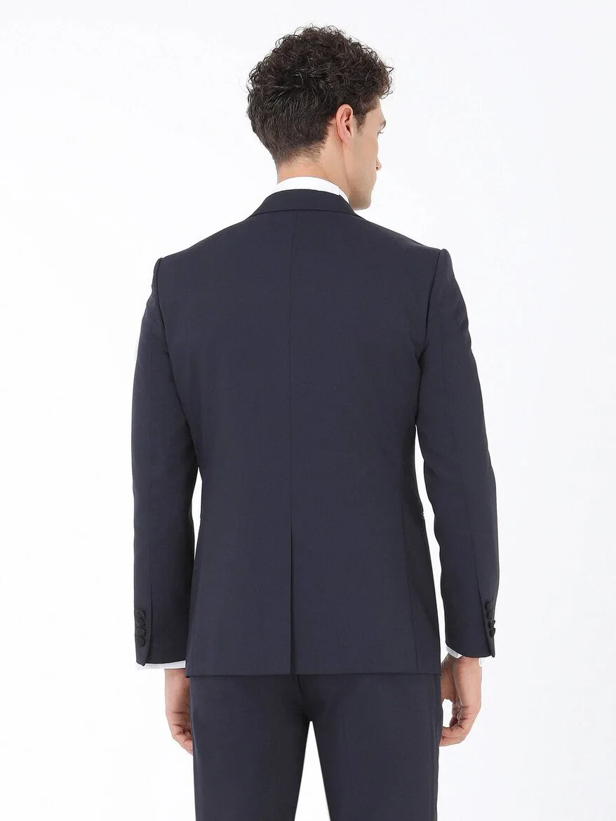 Navy Blue Plain Slim Fit Detachable Collar Weaving Tuxedo With West - 7