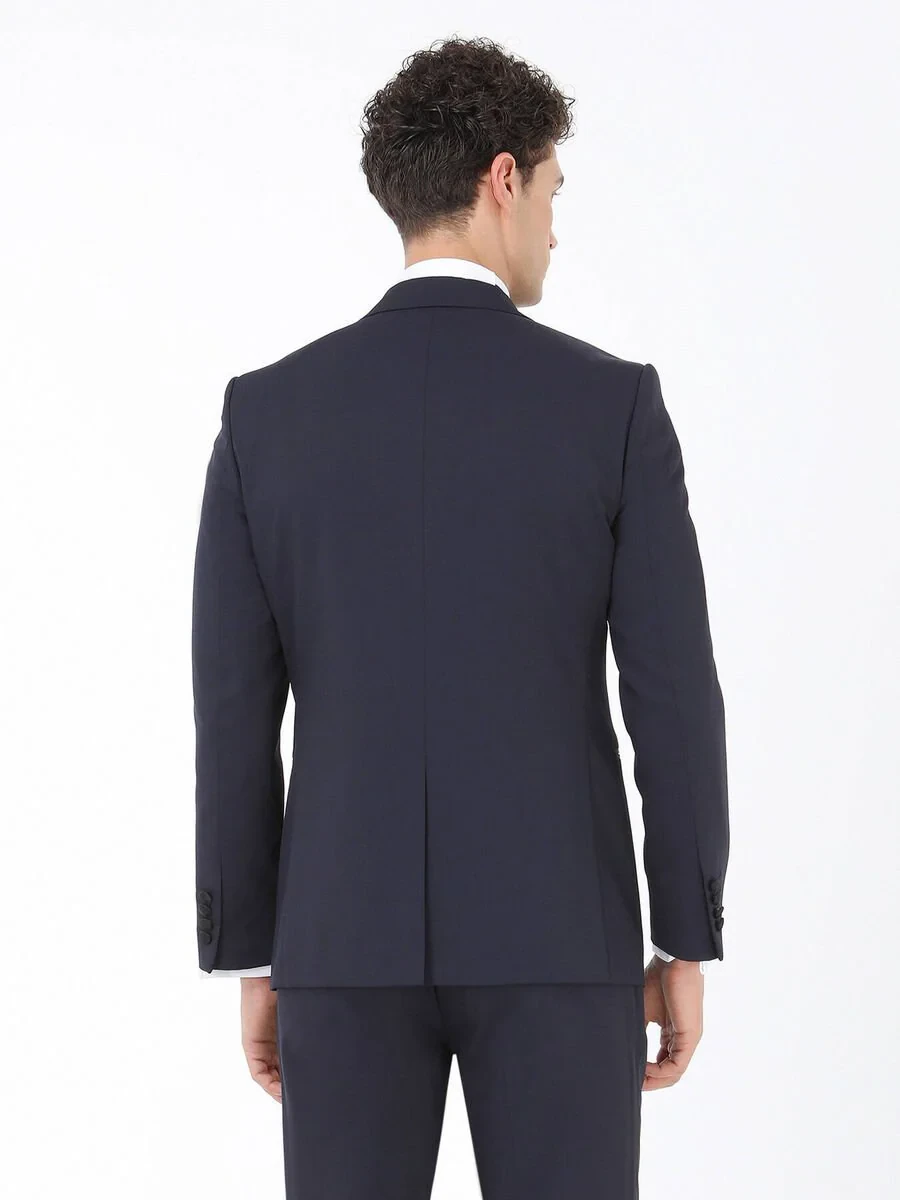 Navy Blue Plain Slim Fit Detachable Collar Weaving Tuxedo With West - 7