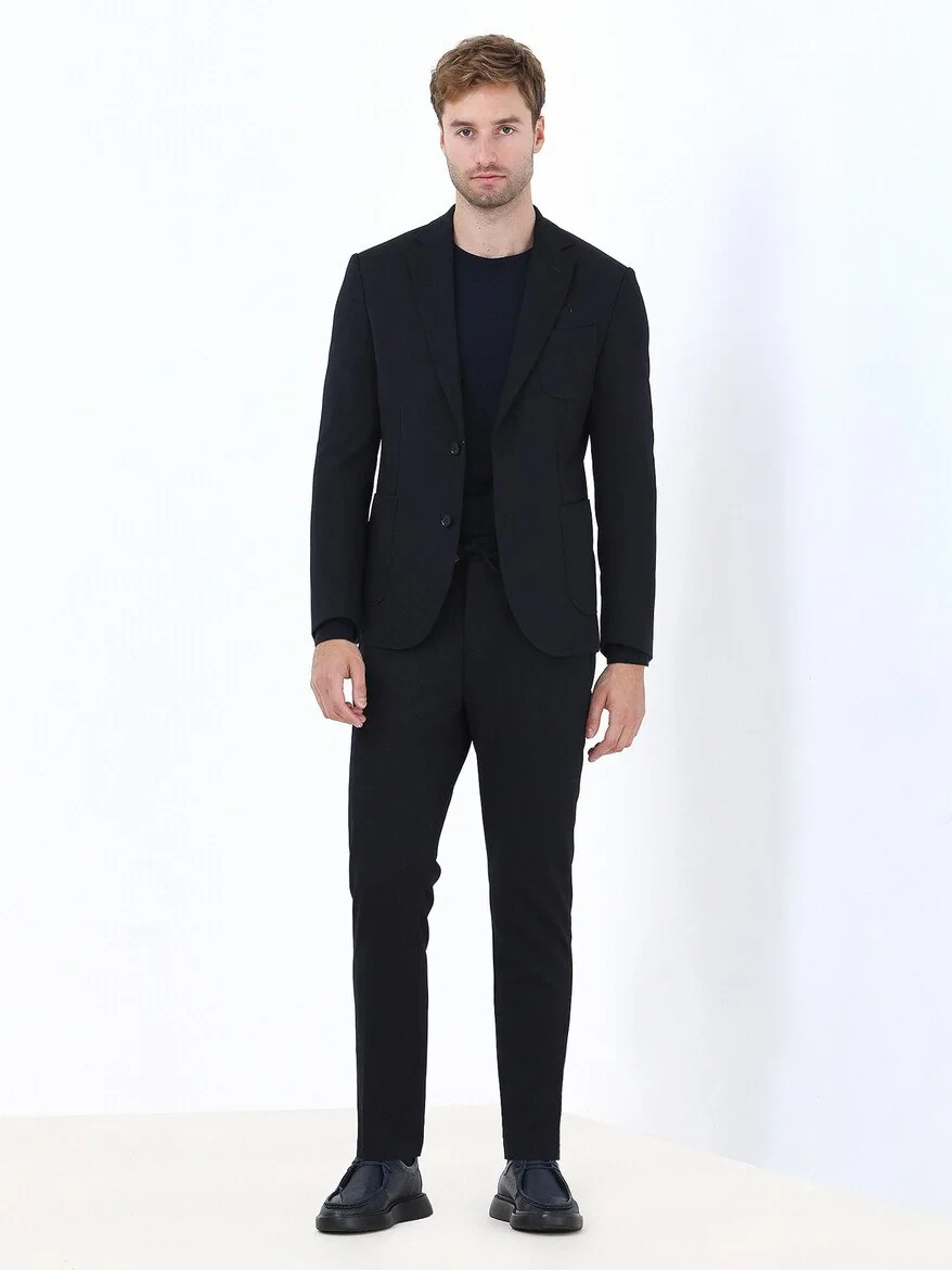 Navy Blue Plain Slim Fit Suit - 4