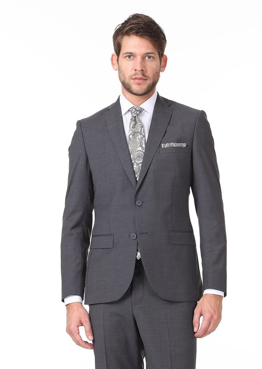 Navy Blue Plain Slim Fit Wool Blended Suit - 1