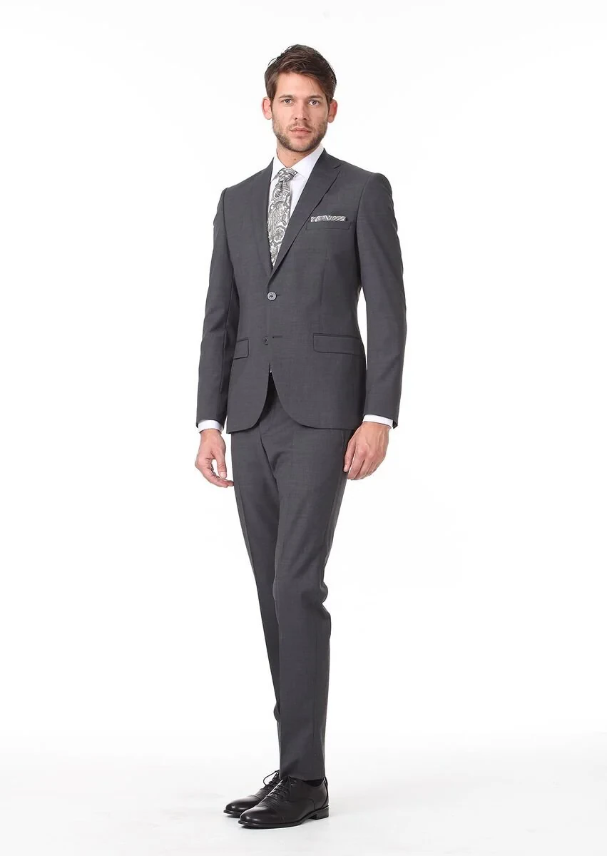 Navy Blue Plain Slim Fit Wool Blended Suit - 2