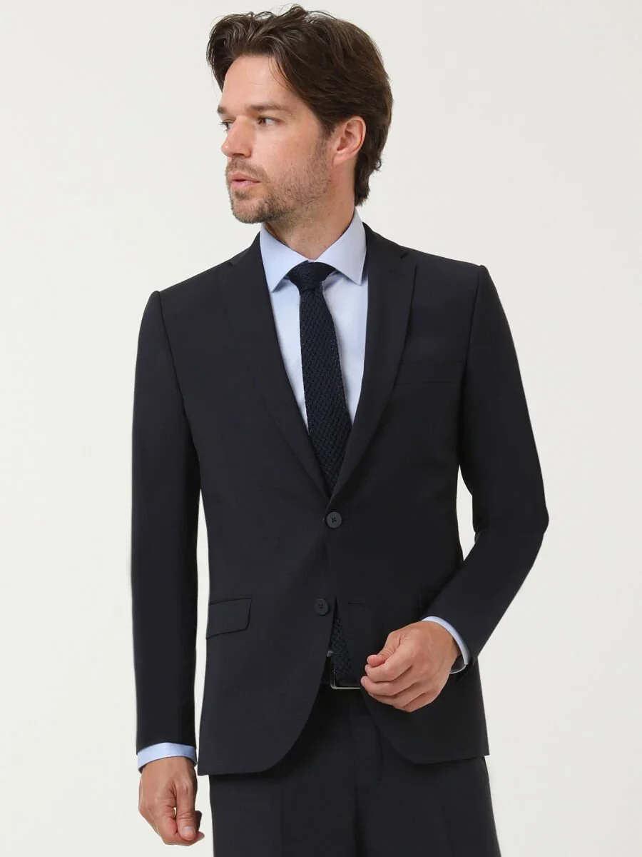 Navy Blue Plain Slim Fit Wool Blended Suit - 1