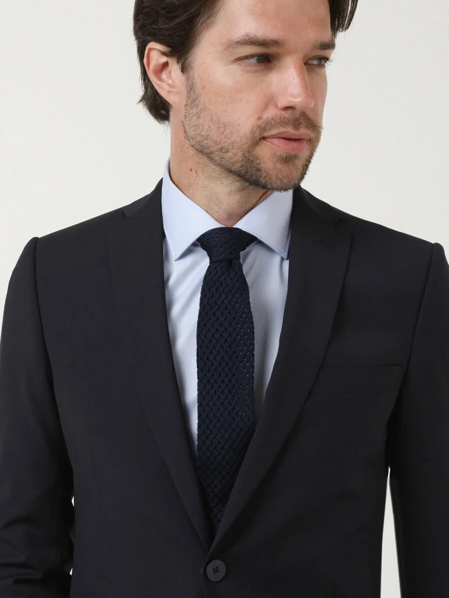 Navy Blue Plain Slim Fit Wool Blended Suit - 2