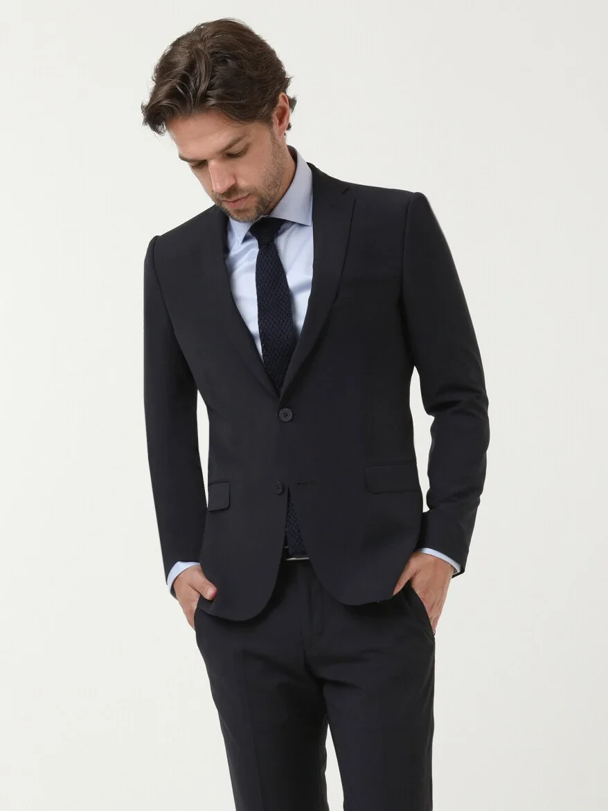 Navy Blue Plain Slim Fit Wool Blended Suit - 3