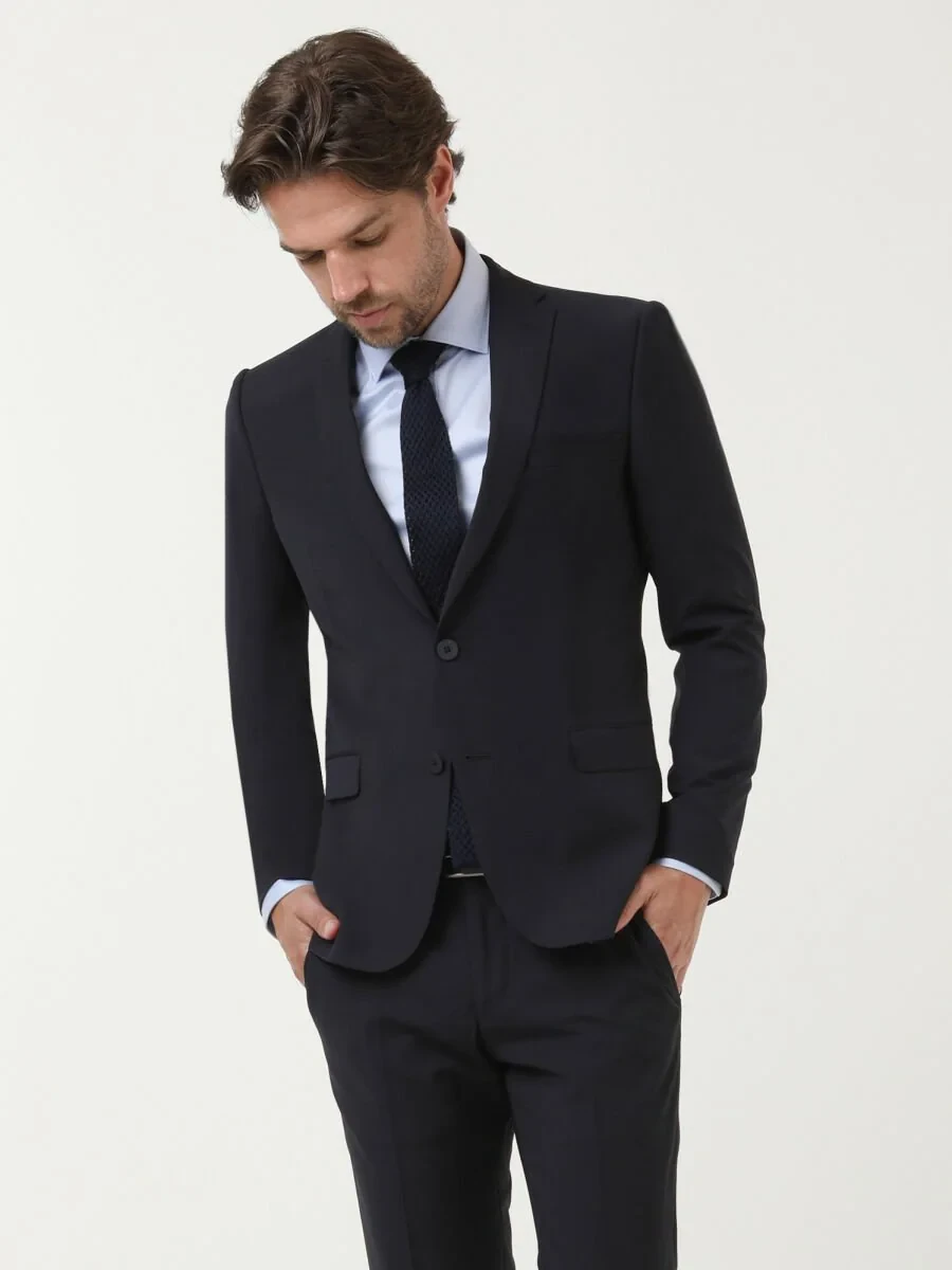 Navy Blue Plain Slim Fit Wool Blended Suit - 3