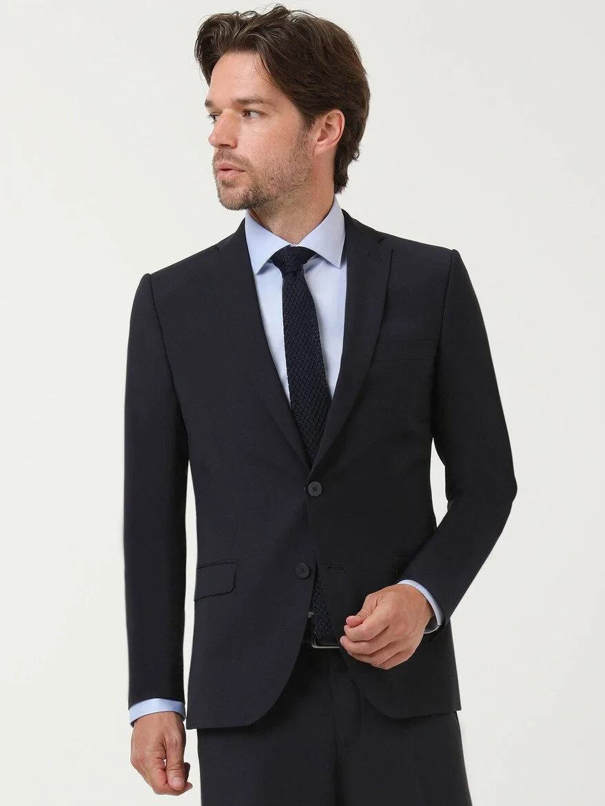 Navy Blue Plain Slim Fit Wool Blended Suit - 1