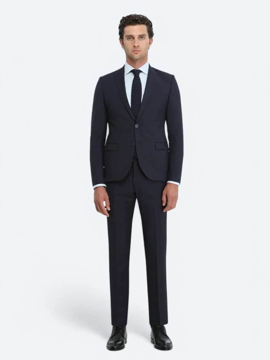 Navy Blue Plain Slim Fit Wool Blended Suit - 1