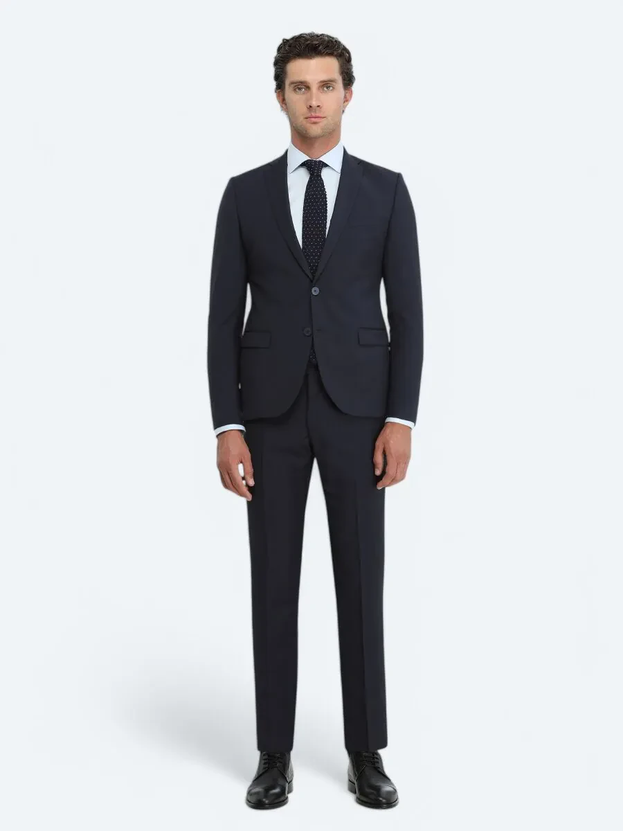 Navy Blue Plain Slim Fit Wool Blended Suit - 1