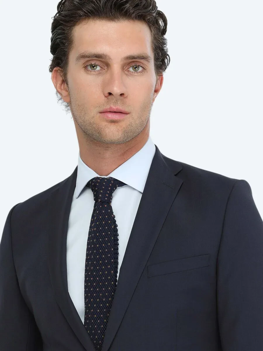 Navy Blue Plain Slim Fit Wool Blended Suit - 3