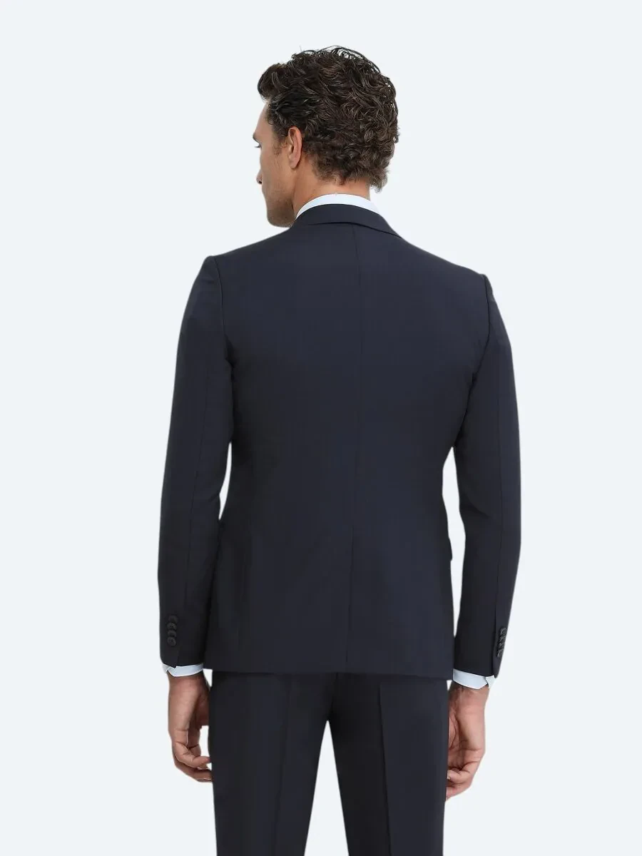 Navy Blue Plain Slim Fit Wool Blended Suit - 5